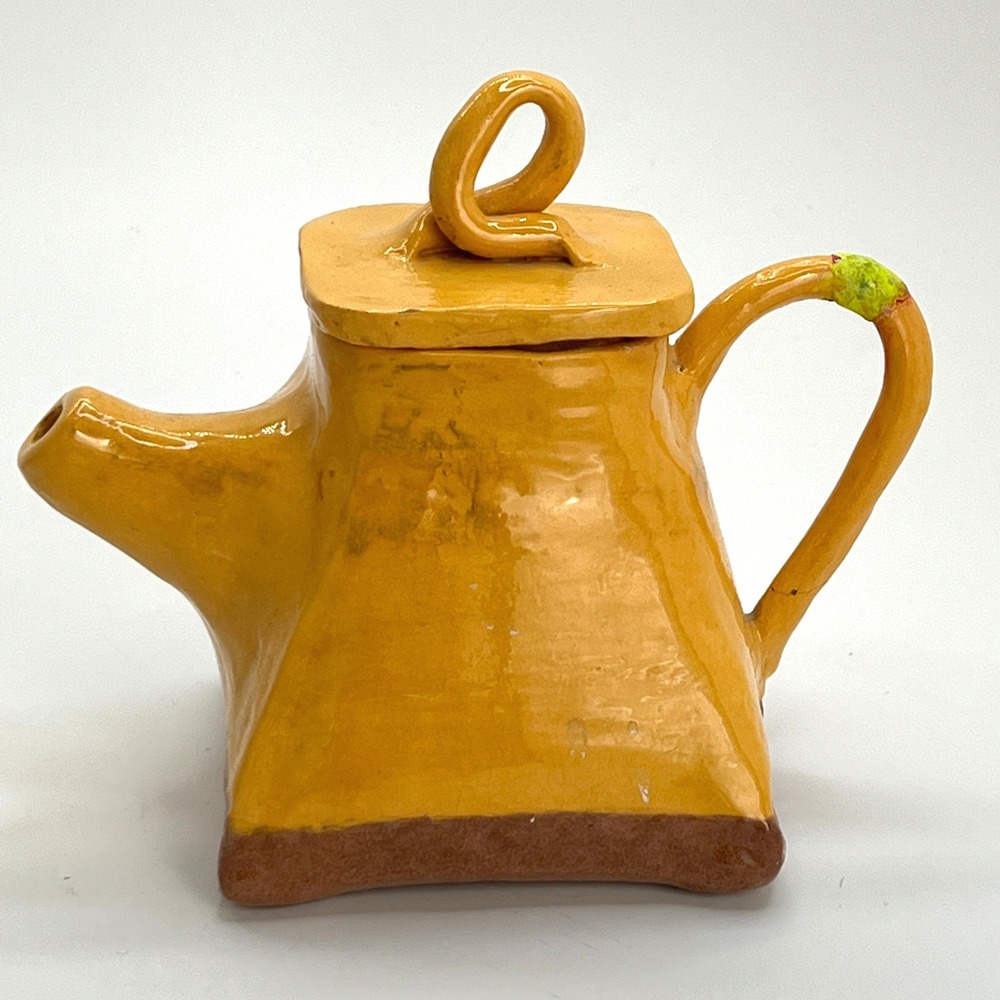 Vintage Mustard Yellow Pottery Teapot, Sculptural Kitchen Shelf Decor - Picture 2 of 7